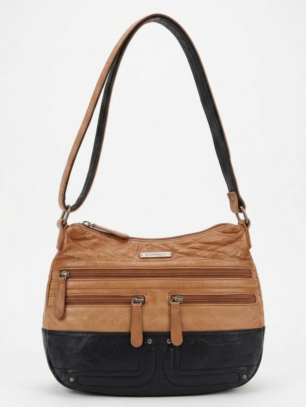 🩵 Stone & Co. Irene Leather Hobo Bag Two-Tone Brown Black Multi-Pocket Purse